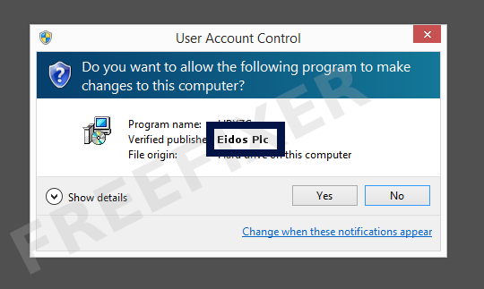 Screenshot where Eidos Plc appears as the verified publisher in the UAC dialog
